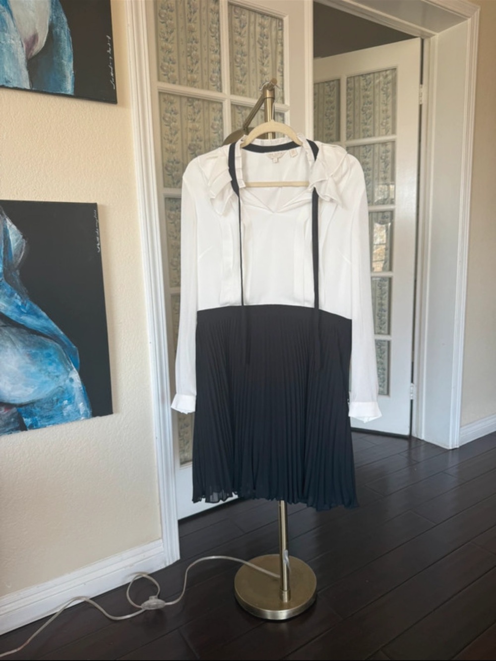 Ted Baker London Black & White Zazu Pleated Midi Dress with Bow Neck - Picture 9 of 16